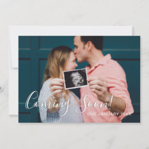 Modern Script Green Stripes Coming Soon Pregnancy Announcement