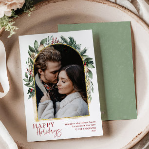 Modern Script Greenery Gold Arch Photo Holiday Card