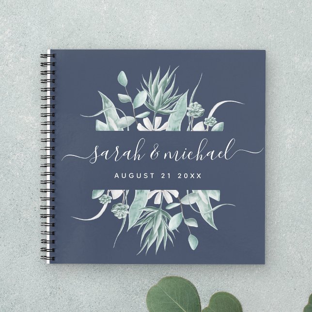 Modern Script Greenery Navy Blue  Wedding Guest Notebook (Creator Uploaded)