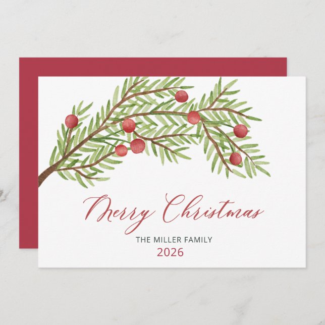 Modern Script Greenery Red Berries Christmas  Holiday Card (Front/Back)