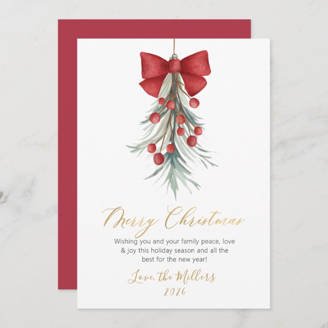 Modern Script Greenery Red Berries Christmas  Holiday Card (Front/Back)