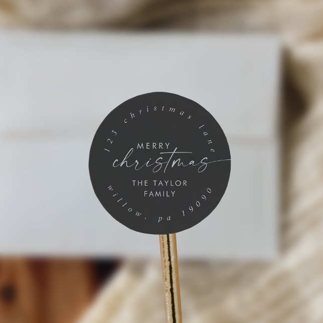 Modern Script | Grey Christmas Circular Address Classic Round Sticker (Creator Uploaded)
