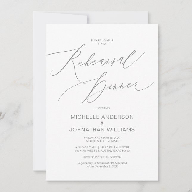 Modern Script, Grey, Wedding Rehearsal Dinner Invitation (Front)