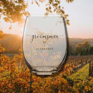 Modern Script Groomsman Bow Tie Gold Name Wedding Stemless Wine Glass