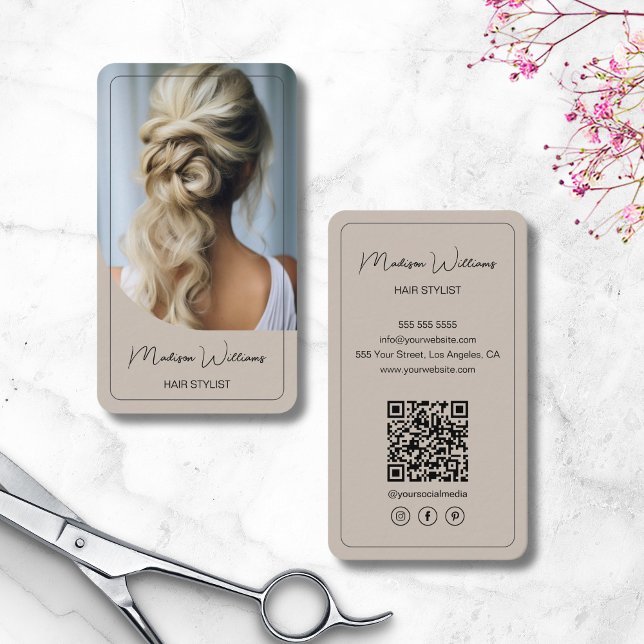 Modern Script Hair Stylist Salon Beige Business Card (Modern Script Hair Stylist Salon Beige Business Card)