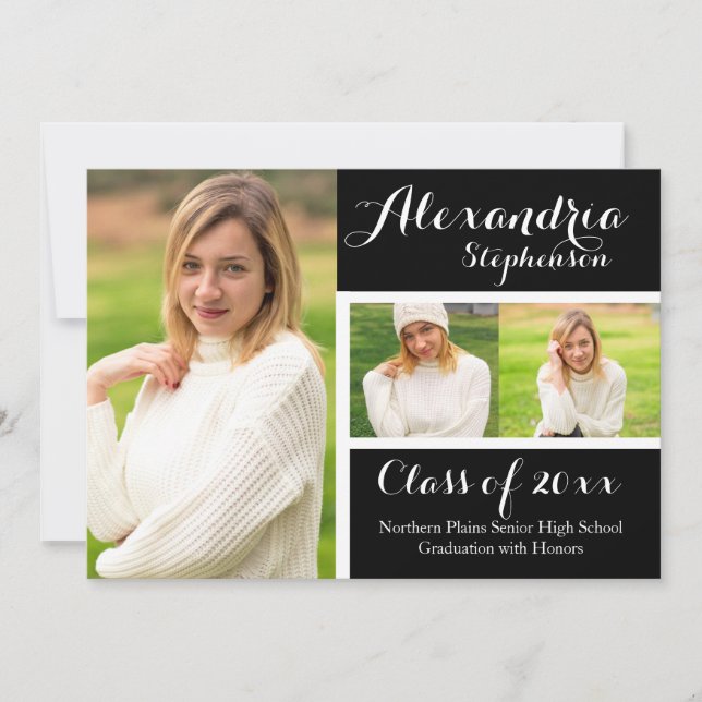 Modern Script Hand 3-Photo Graduation Announcement (Front)