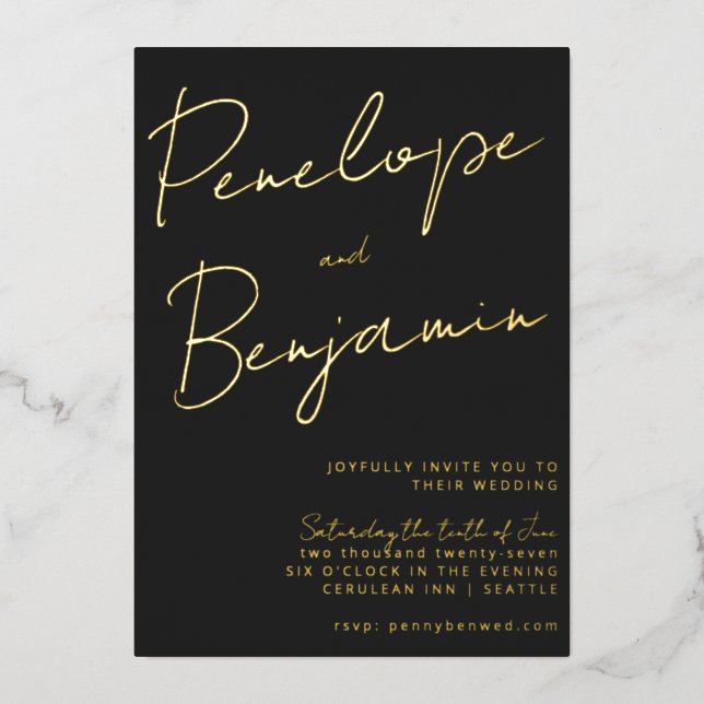 Modern Script Handwriting Black and Gold Wedding (Front)