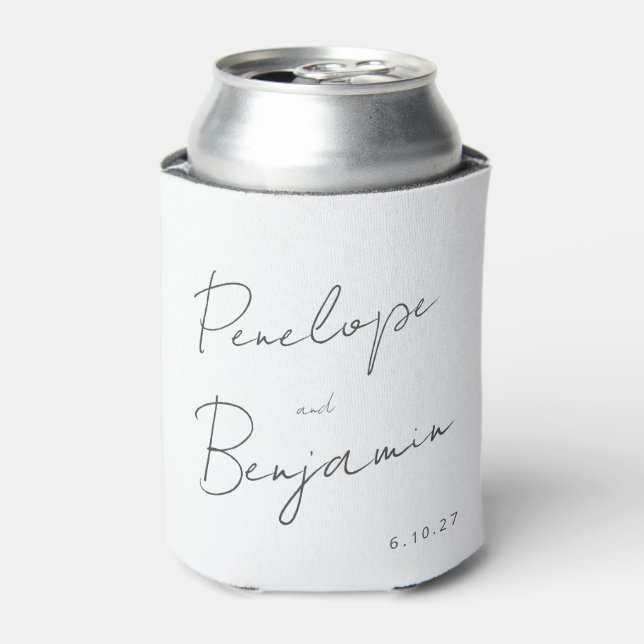 Modern Script Handwriting Black and White Wedding Can Cooler (Can Front)