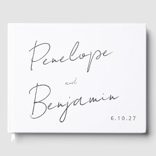 Modern Script Handwriting Black and White Wedding Guest Book