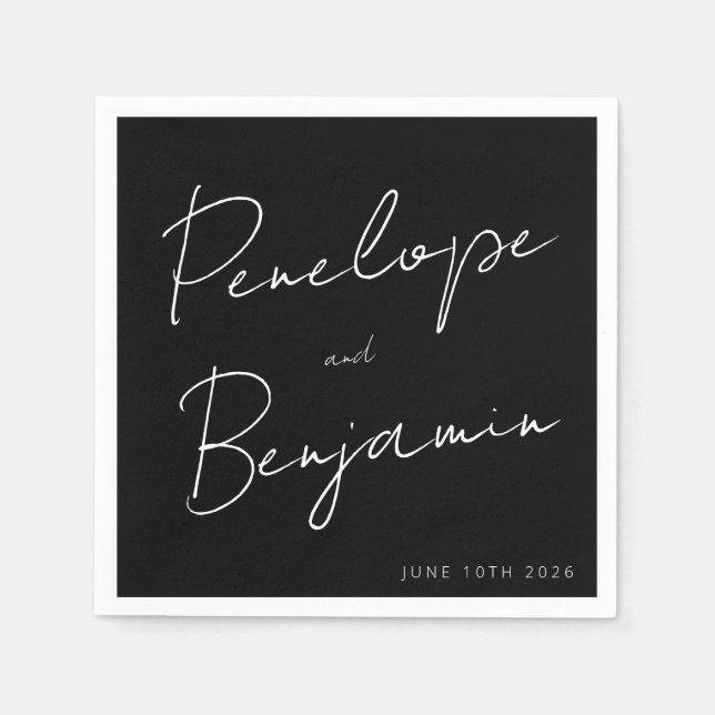 Modern Script Handwriting Custom Wedding Black Napkin (Front)