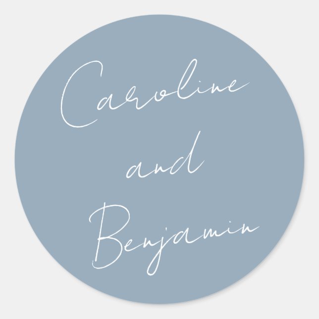 Modern Script Handwriting Dusty Blue Wedding  Classic Round Sticker (Front)