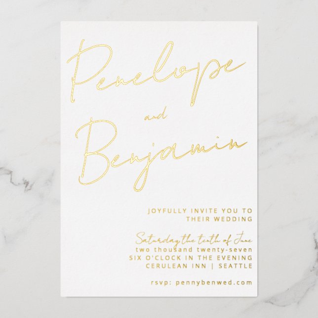 Modern Script Handwriting Gold and White Wedding (Front)