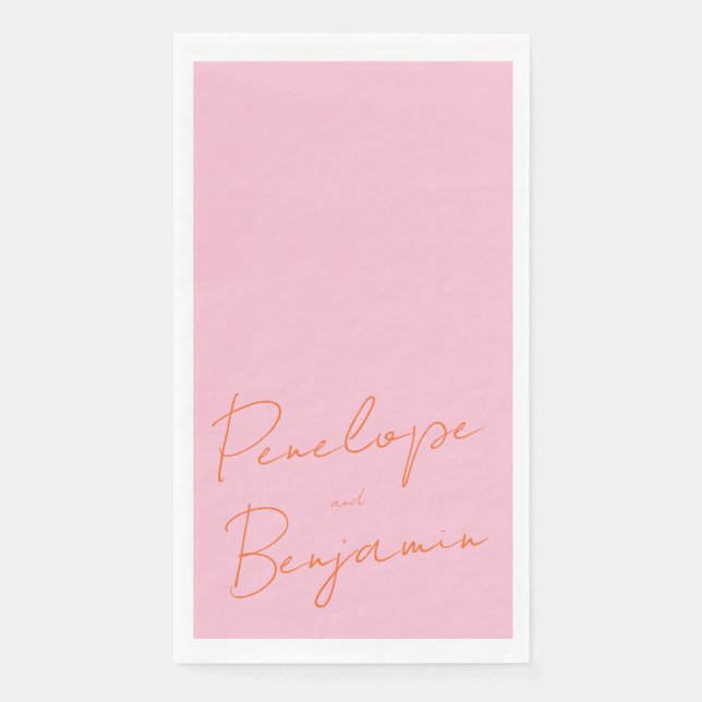 Modern Script Handwriting Pink and Orange Wedding Napkin (Front)