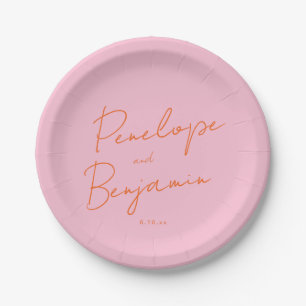 Modern Script Handwriting Pink and Orange Wedding Paper Plate