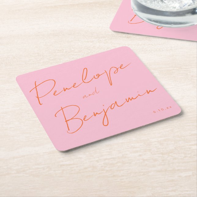 Modern Script Handwriting Pink and Orange Wedding Square Paper Coaster (Angled)