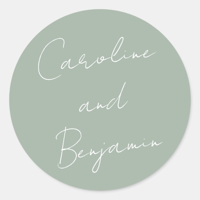 Modern Script Handwriting Wedding Dusty Sage Classic Round Sticker (Front)