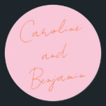 Modern Script Handwriting Wedding Pink and Orange Classic Round Sticker<br><div class="desc">Modern Script Handwriting Wedding Boho Dusty Pink and Orange Classic Round Sticker</div>