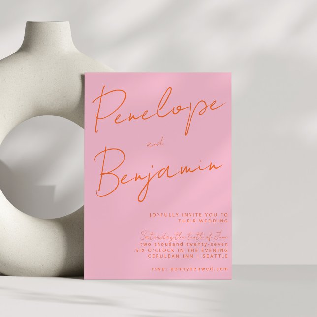 Modern Script Handwriting Wedding Pink Orange Invitation (Creator Uploaded)