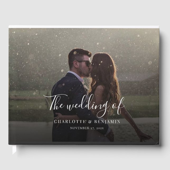 Modern Script Handwritten Photo Wedding Guest Book (Front)