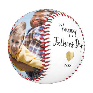Modern Script Happy Father's Day Gold Heart Photo Baseball