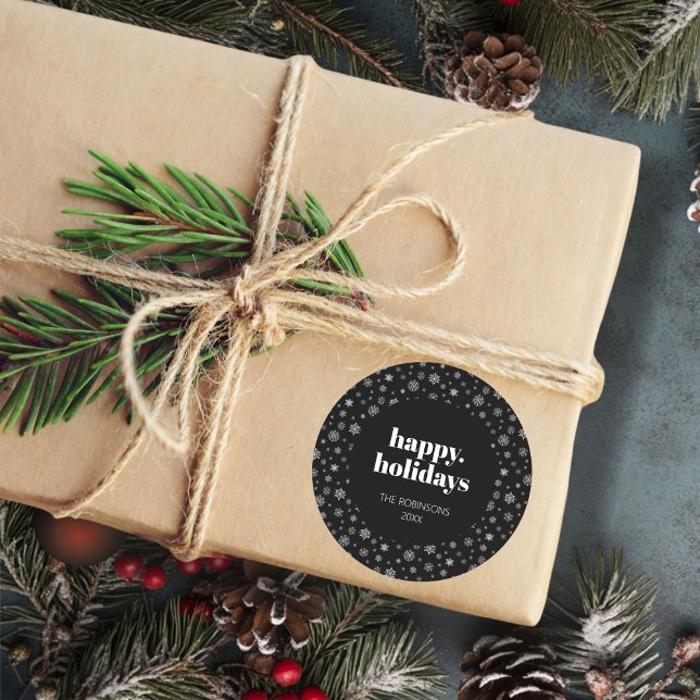 Modern Script Happy Holiday Christmas Black White Classic Round Sticker (Christmas happy holiday snowflake pattern stickers)