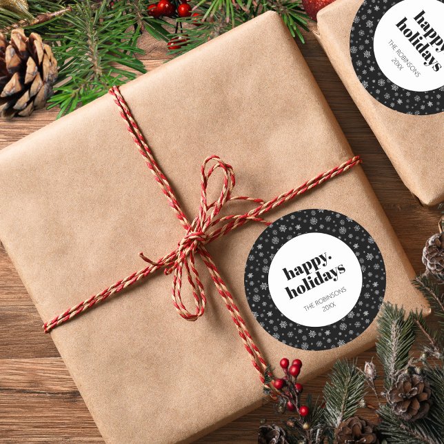 Modern Script Happy Holidays Christmas Black White Classic Round Sticker (Christmas holiday snowflake pattern stickers)