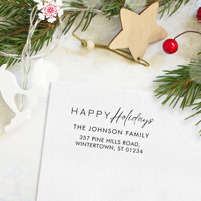 Modern Script Happy Holidays Family Return Address Rubber Stamp (Creator Uploaded)