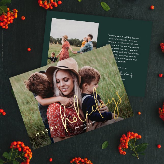 Modern Script Happy Holidays Photo  Foil Holiday Card (Simple modern photo holiday card with gold foil script greeting overlay and green backer.)