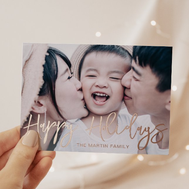 Modern Script Happy Holidays Photo Foil Holiday Postcard (Creator Uploaded)
