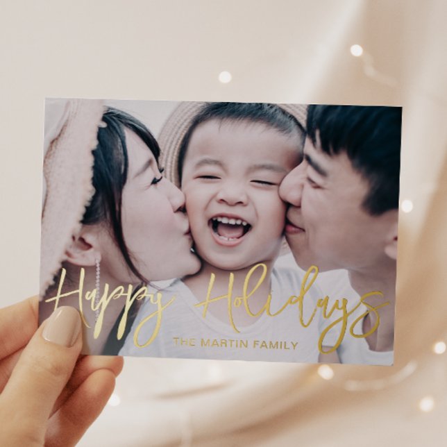 Modern Script Happy Holidays Photo Foil Holiday Postcard (Creator Uploaded)
