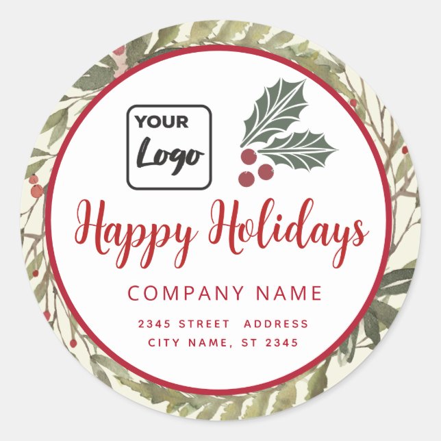 Modern script Happy Holidays red holly logo  Class Classic Round Sticker (Front)