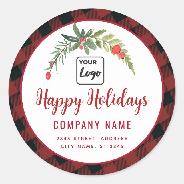 Modern script Happy Holidays red holly logo  Classic Round Sticker (Front)