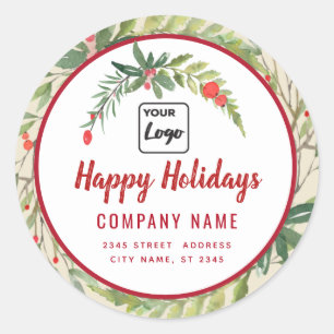 Modern script Happy Holidays red holly logo  Classic Round Sticker