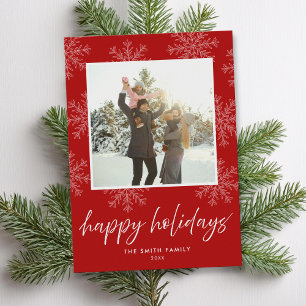 Modern Script Happy Holidays Snowflakes Photo Holiday Card