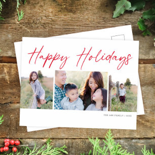 Modern Script Happy Holidays Three Photo Holiday Postcard