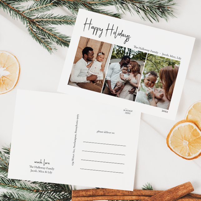 Modern Script Happy Holidays Three-Photo Holiday Postcard (Creator Uploaded)