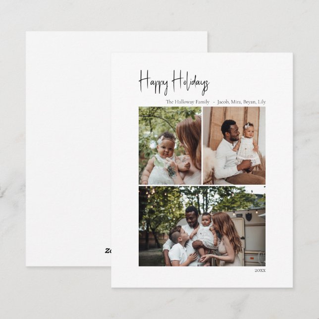 Modern Script Happy Holidays Vertical 3 Photo Holiday Card (Front/Back)