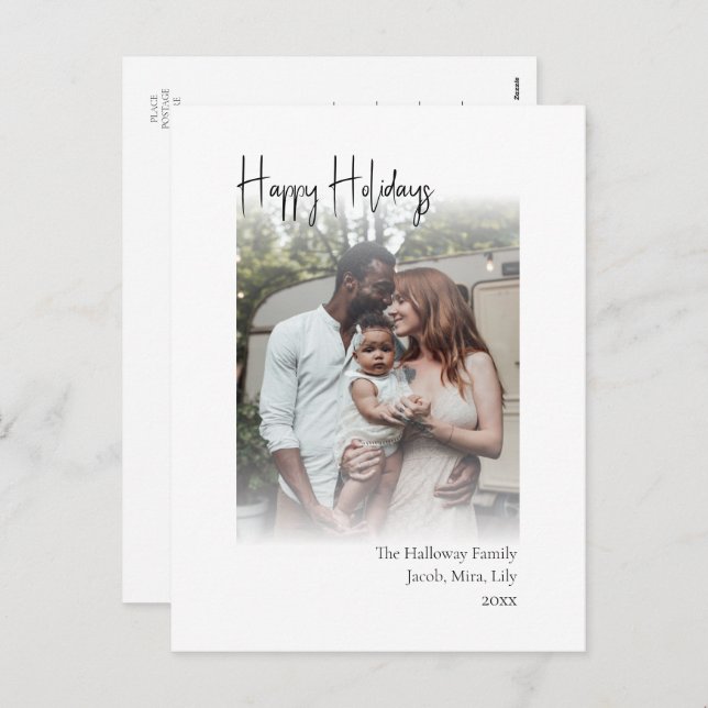 Modern Script Happy Holidays Vertical Faded Photo Holiday Postcard (Front/Back)