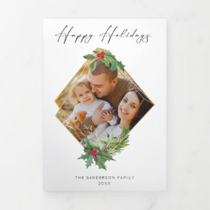 Modern Script Happy Holidays w/Gold Frame Photo Tri-Fold Card