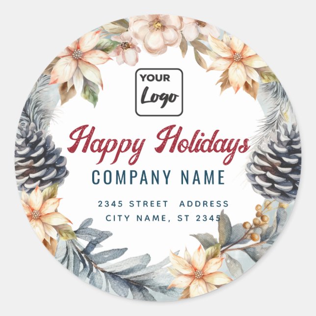 Modern script Happy Holidays wreath logo  Classic Round Sticker (Front)
