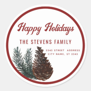 Modern script Happy Holiidays pine cone branch Cl Classic Round Sticker
