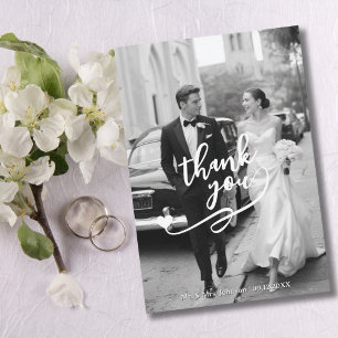 Modern Script Heart 2 Photo Wedding Thank You Card