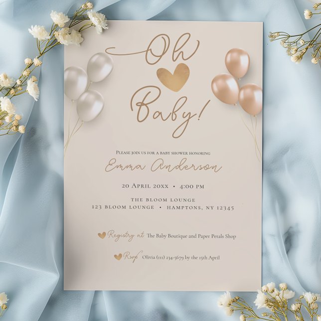 Modern Script Heart Balloons Neutral Baby Shower Invitation (Creator Uploaded)
