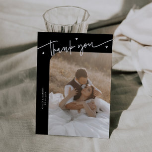 Modern Script Heart Black Wedding  Thank You Card