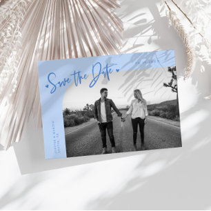 Modern Script Heart Icy Blue Curved Frame Photo Save The Date
