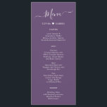 Modern Script Heart Mauve Purple Wedding Menu Card<br><div class="desc">Minimalist Elegant Simple Typography Heart Mauve Purple Wedding Menu Card is perfect for a modern minimal wedding. Design featuring black hand lettered typography/calligraphy, little love heart motif between couple's name in white on mauve, dusty purple or lavender colour background with a simple clean look. This menu can be used for...</div>