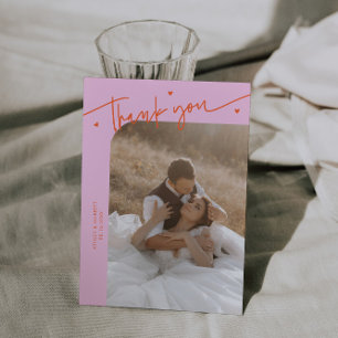 Modern Script Heart Orange Pink Wedding  Thank You Card