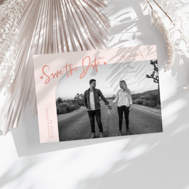 Modern Script Heart Peach Curved Frame Photo Save The Date (Creator Uploaded)