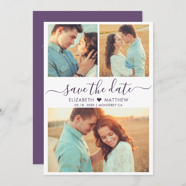 Modern Script Heart Photo Collage Purple Wedding Save The Date (Front/Back)