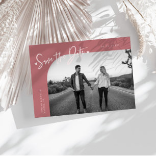 Modern Script Heart Pink Curved Frame Photo Save The Date